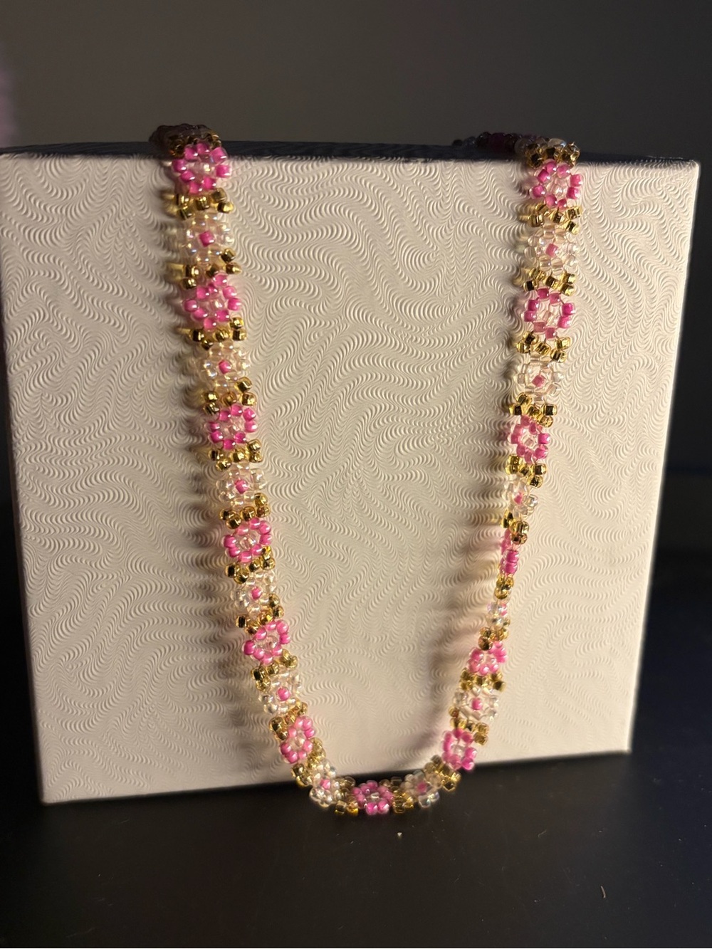 Pink and Gold Beaded Flower Necklace